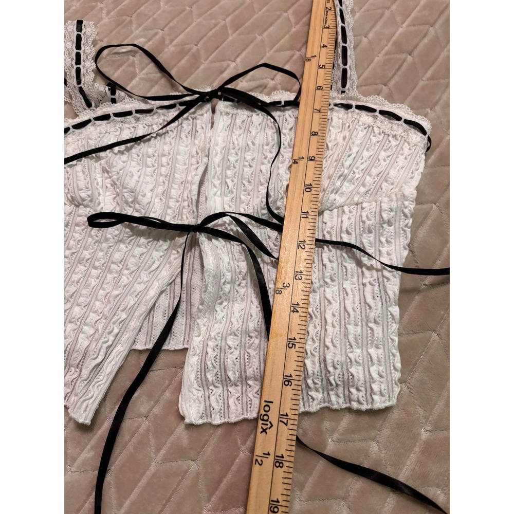 Y2K White Pointelle Ruffle Coquette Top Sz M Satin Bow Lace Trim Cami Fairy - Picture 8 of 9